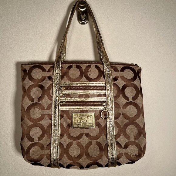Coach Poppy Gold and Khaki Large Tote with Brilliant Blue Lining - Picture 13 of 15